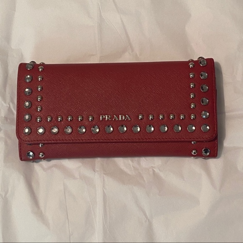 PRADA RED SAFFIANO STUDDED BORCHI CONTINENTAL WALLET - Picture 2 of 10